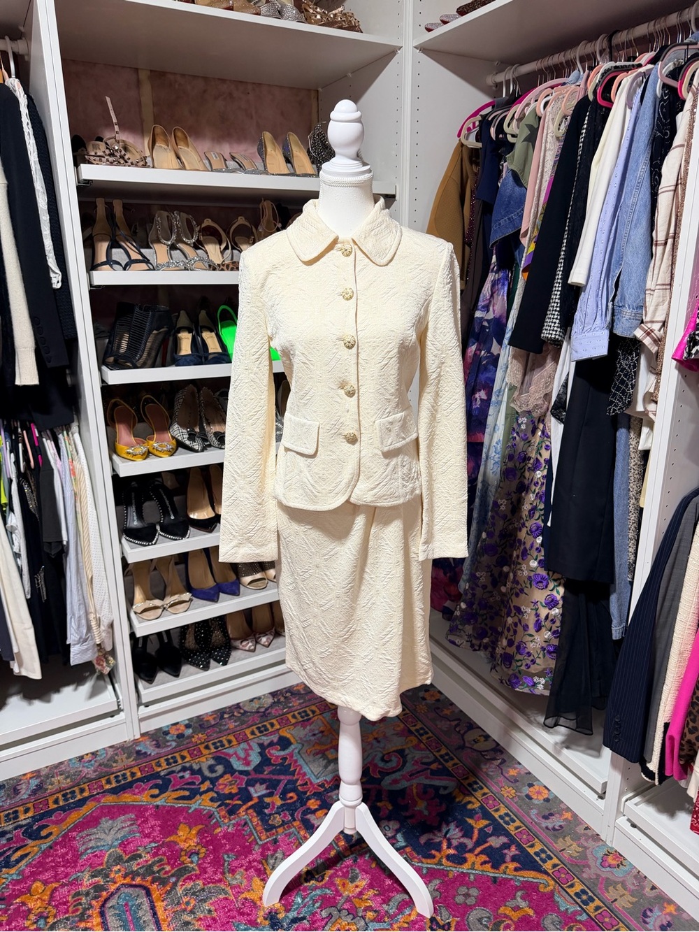 St. John Collection Cream Textured Silk Knit Jacket and Skirt